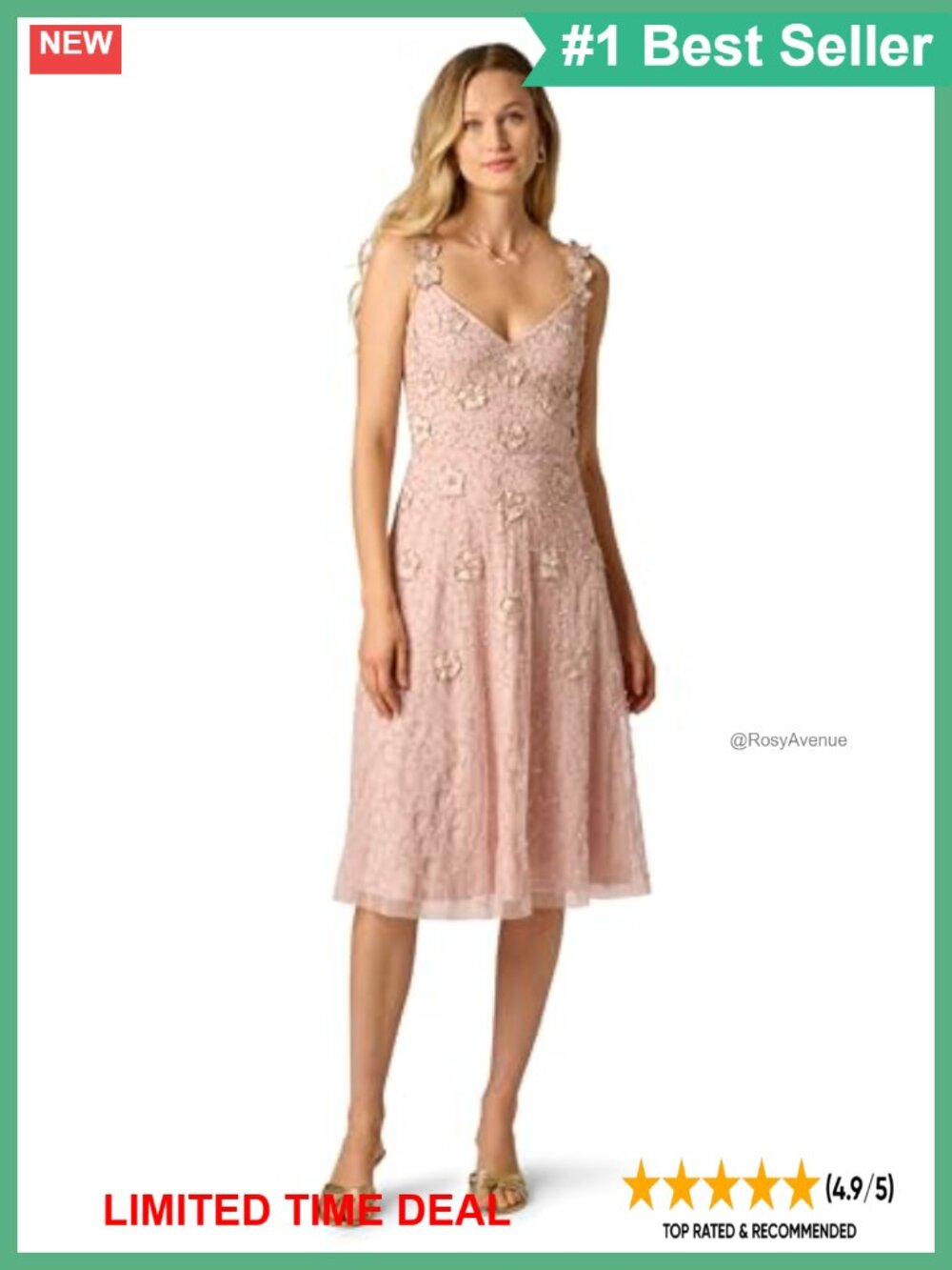 Beaded Floral Applique Midi Cocktail Dress Sleeveless V-Neck A-Line
